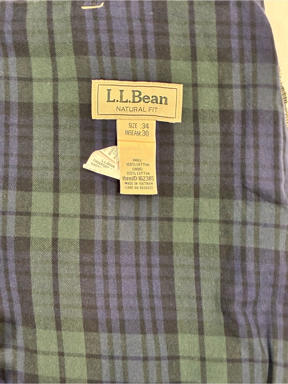 L.L. Bean Flannel Lined Chino Pants Khaki Tan Black Watch Plaid